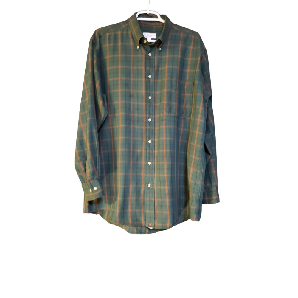 VINTAGE MENS HATHAWAY COUNTRY SINGLE NEEDLE TAILORING GREEN PLAID SHIRT SIZE L
